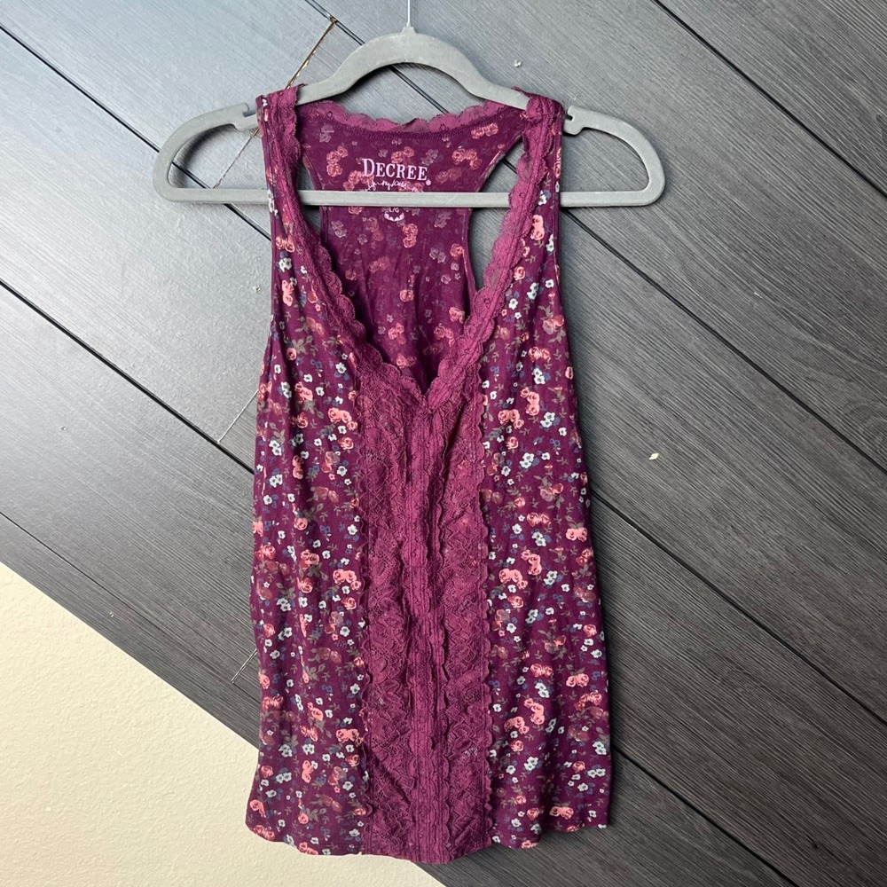 Decree Women's Floral Lace Tank Top Large Purple Boho Sheer Layering Y2K